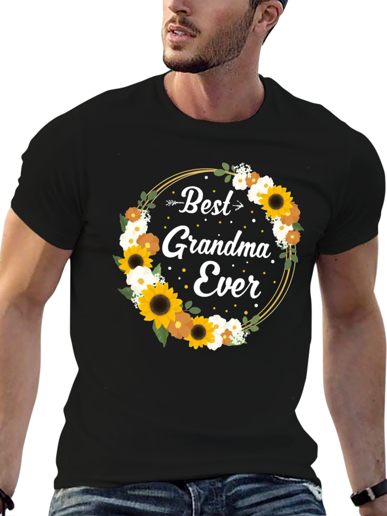 Best Grandma Ever Floral Wreath Black T-Shirt