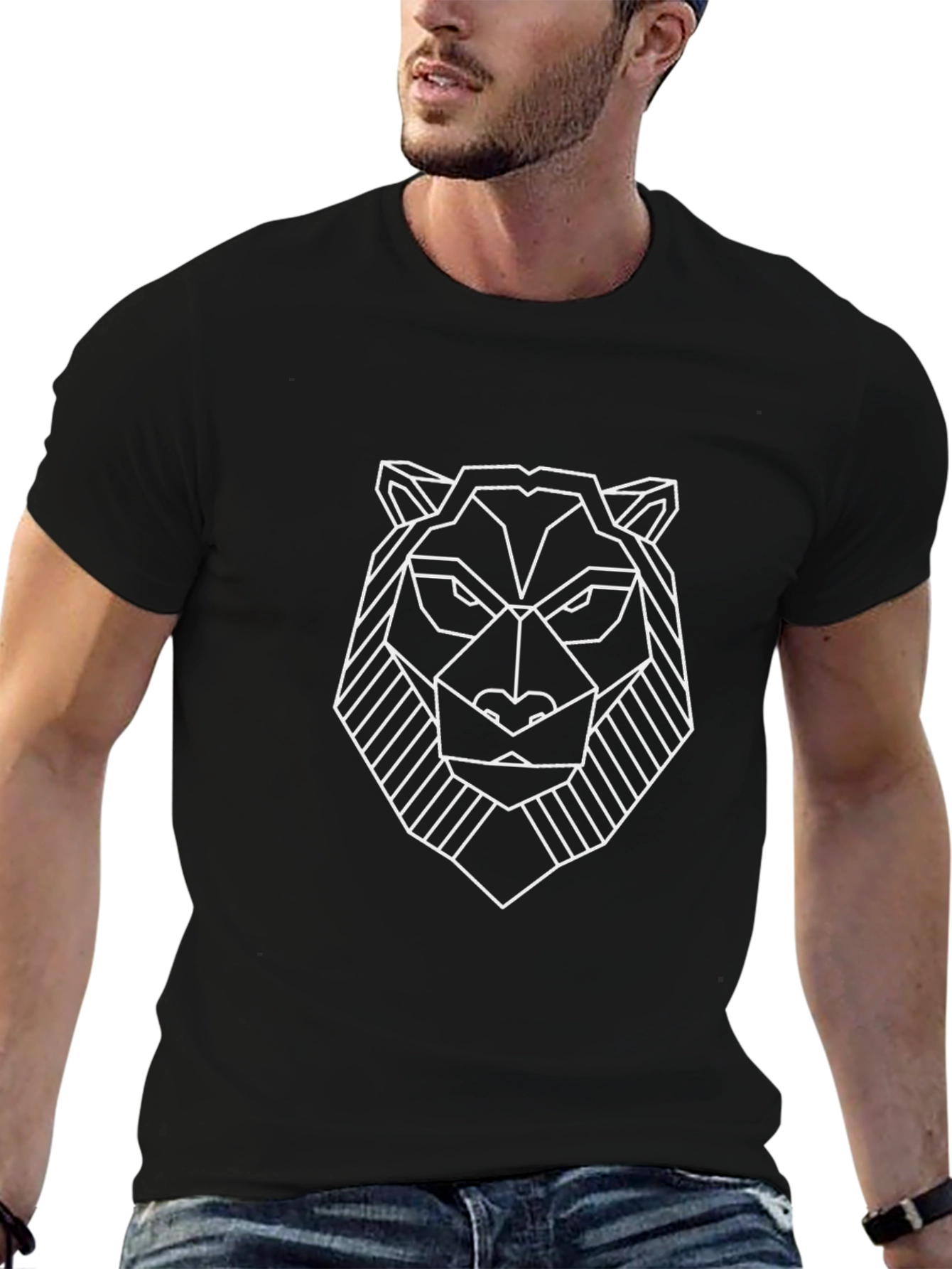 Geometric Tiger Graphic Tee - Stylish Mens Black T-Shirt