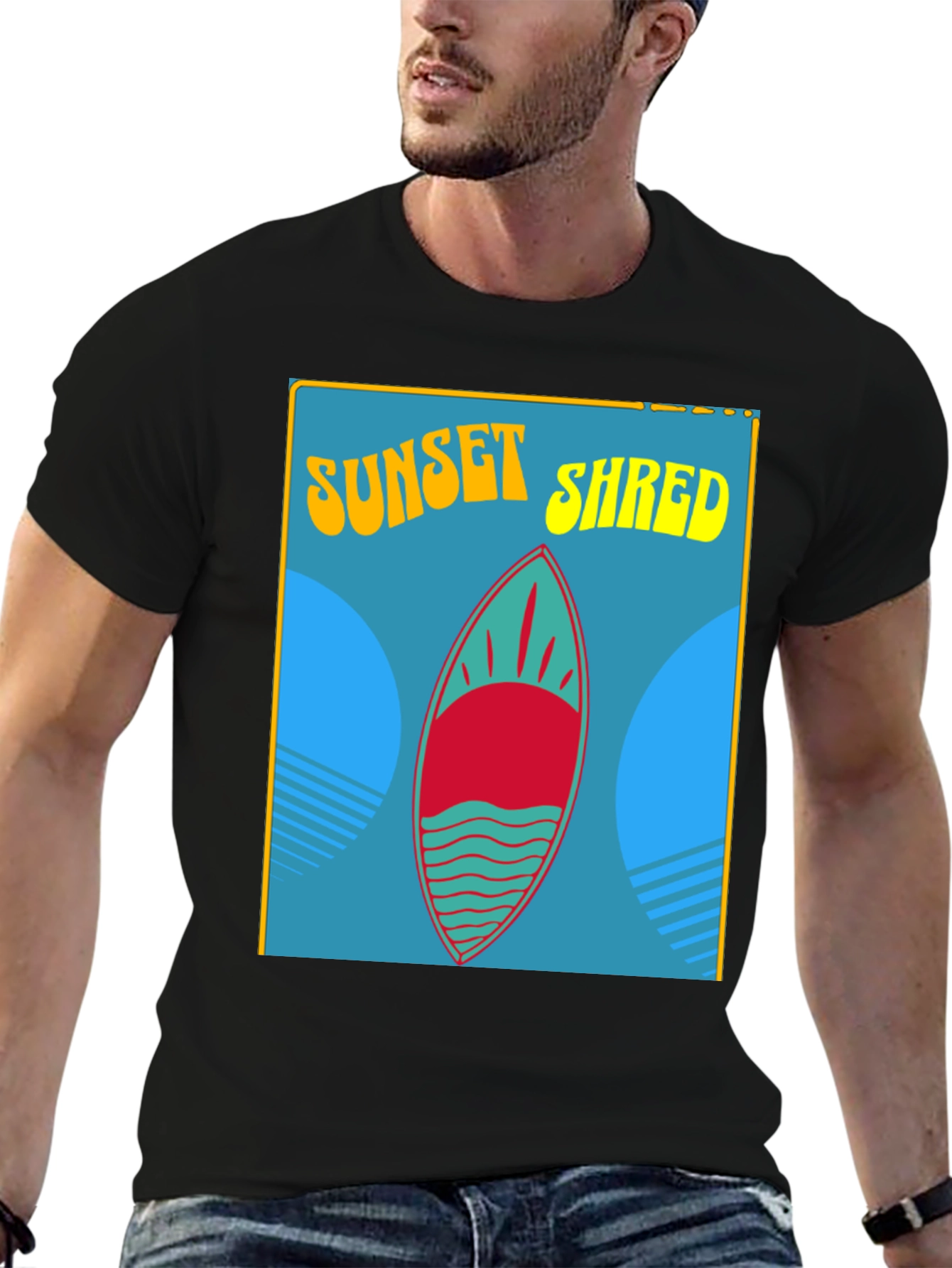 Sunset Shred Surfboard T-Shirt - Black