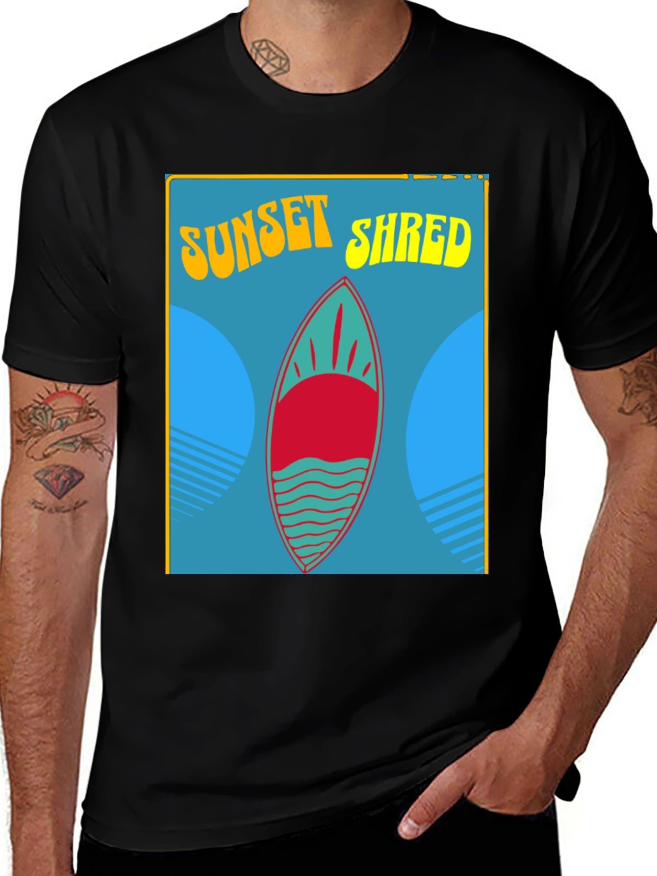 Sunset Shred Surfboard T-Shirt - Black