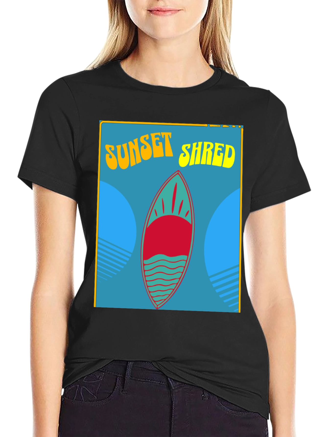 Sunset Shred Surfboard T-Shirt - Black