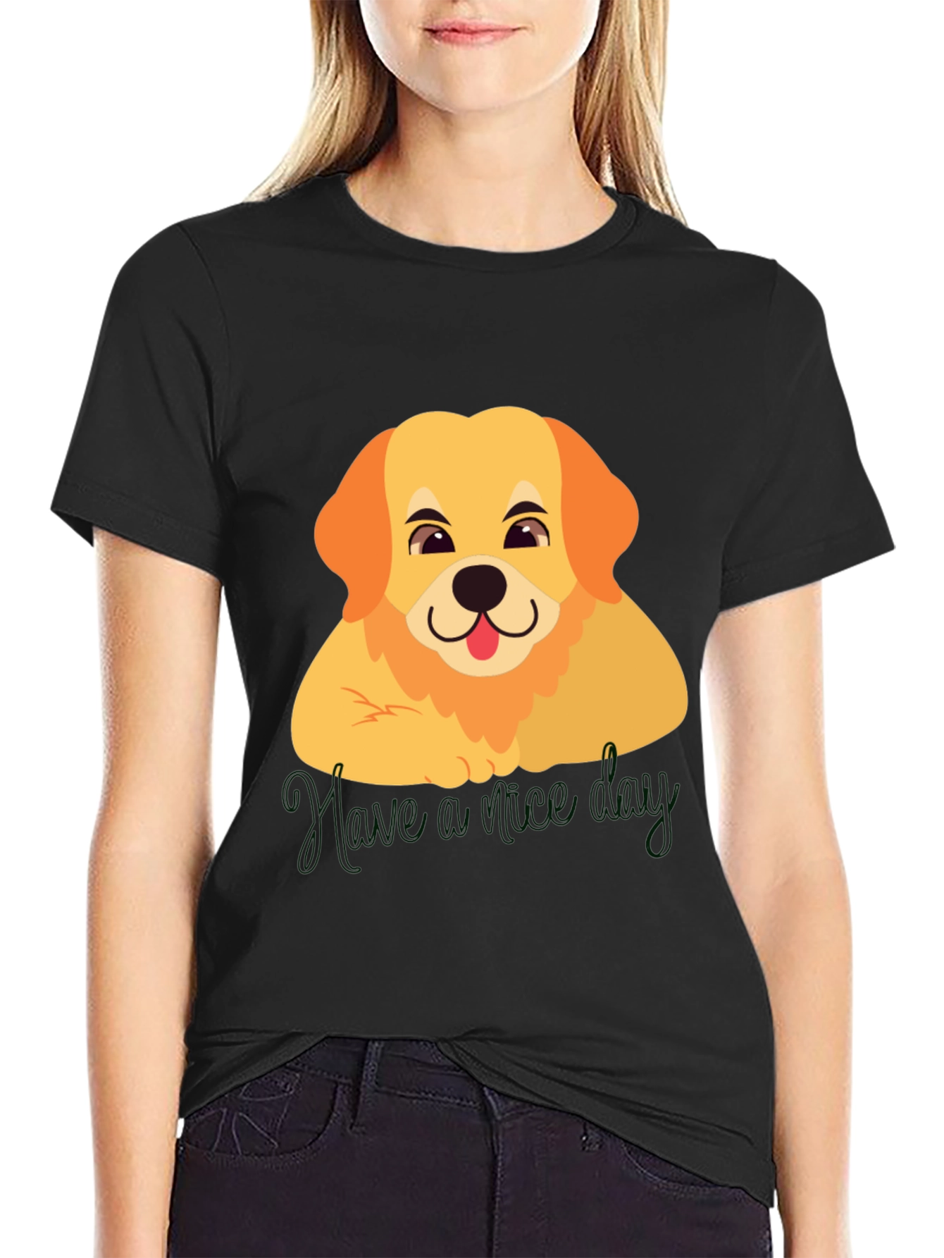 Cute Golden Retriever Have a Nice Day Black T-Shirt