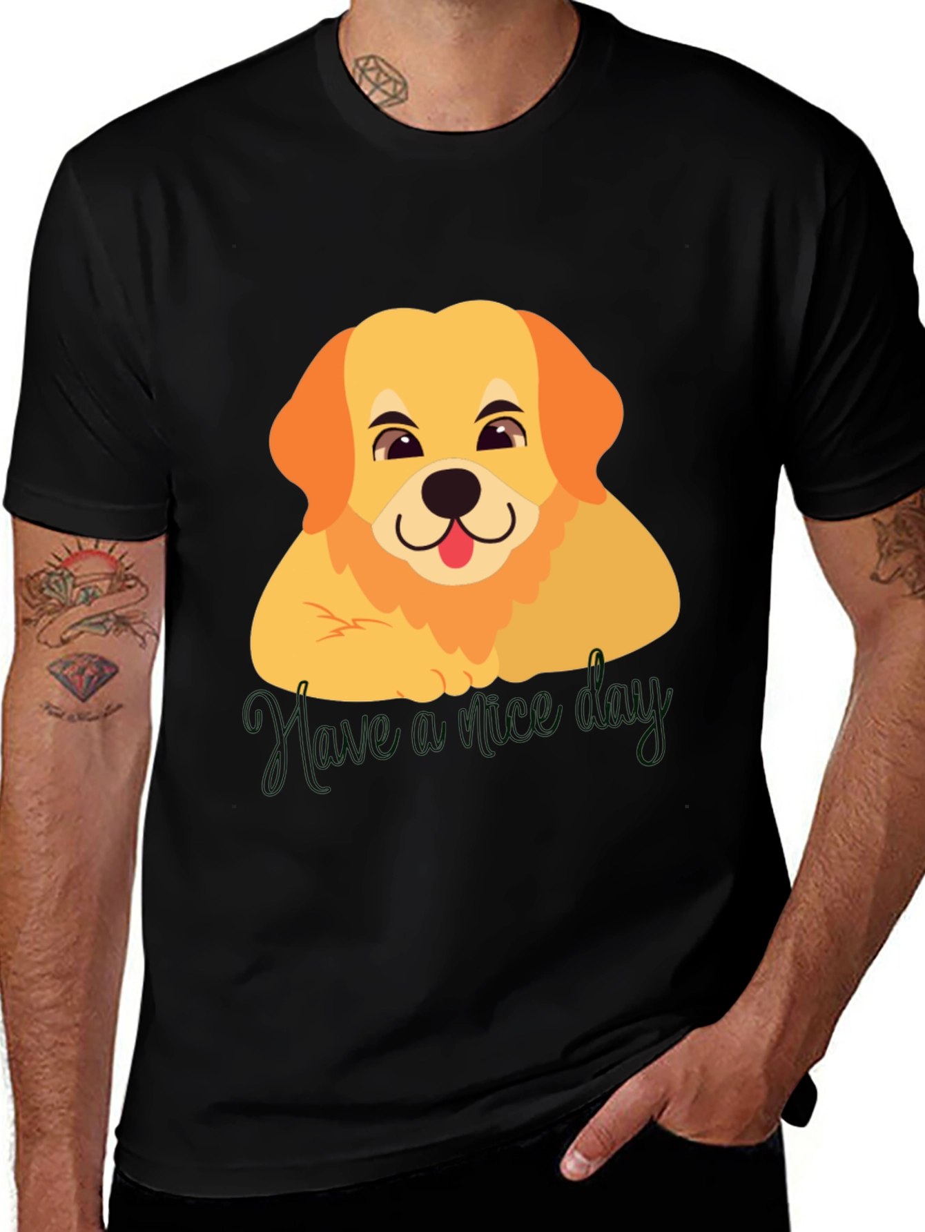 Cute Golden Retriever Have a Nice Day Black T-Shirt