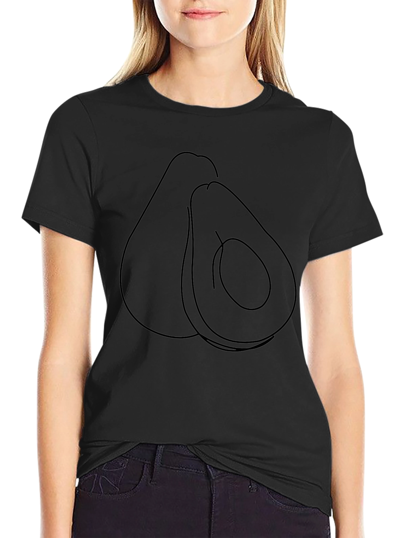 Minimalist Avocado Line Art Black T-Shirt