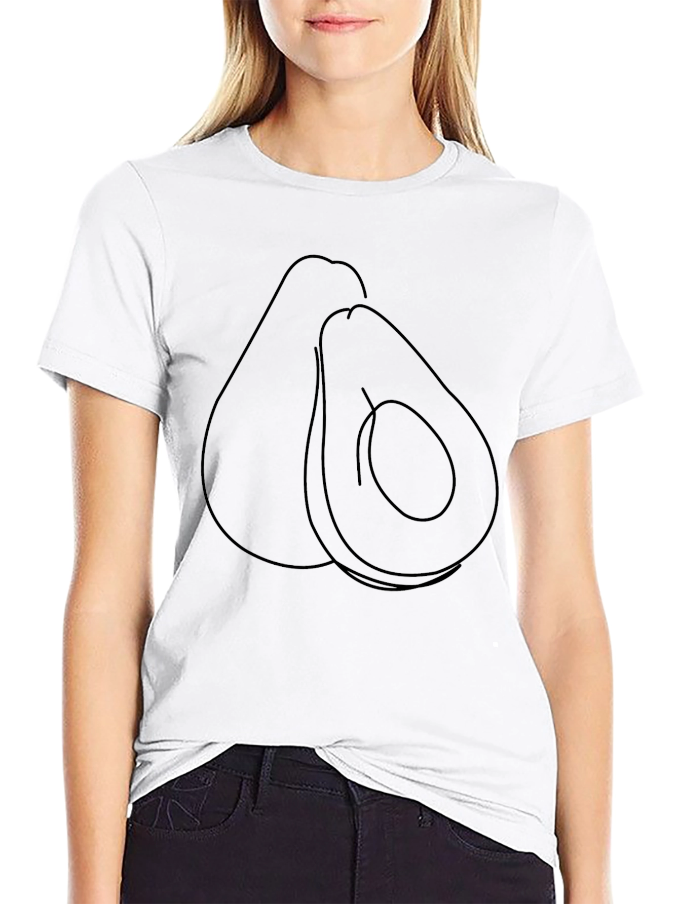 Minimalist Avocado Line Art Black T-Shirt