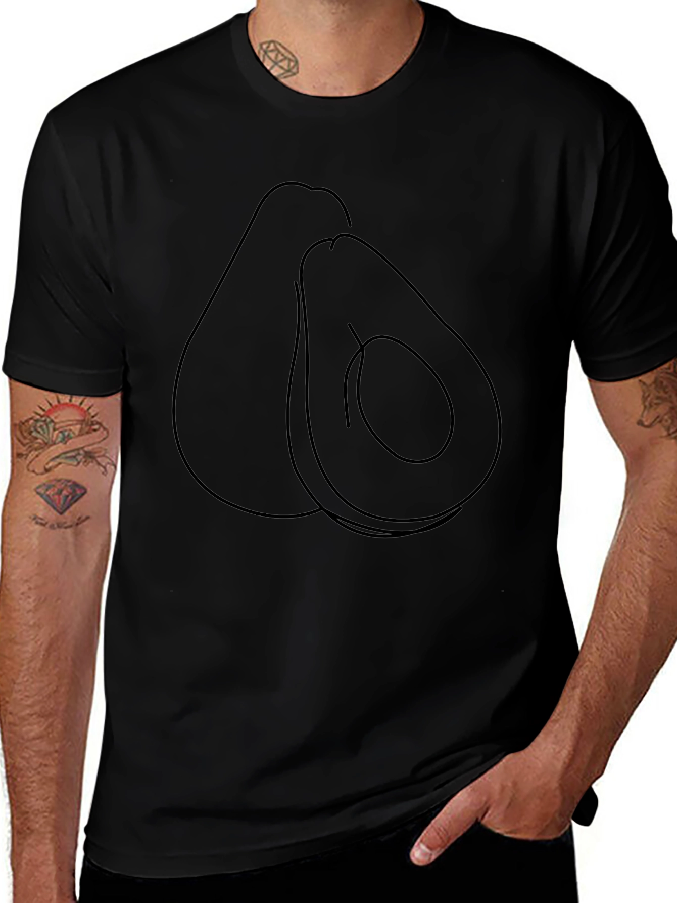 Minimalist Avocado Line Art Black T-Shirt