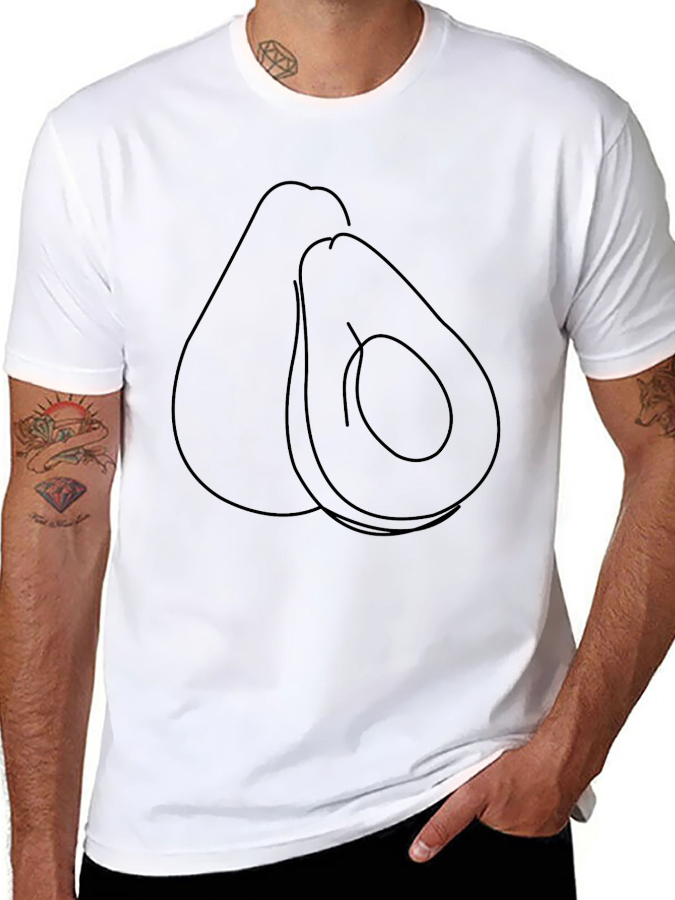 Minimalist Avocado Line Art Black T-Shirt