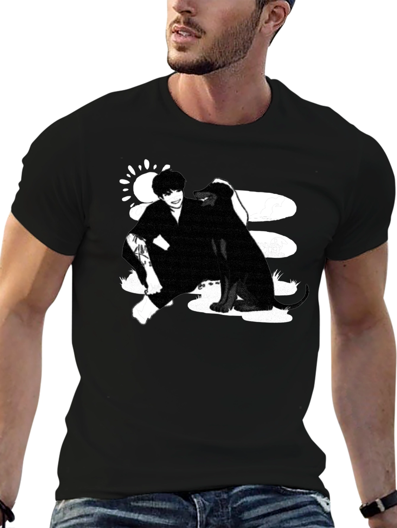 Black Graphic Tee: Man and Dog
