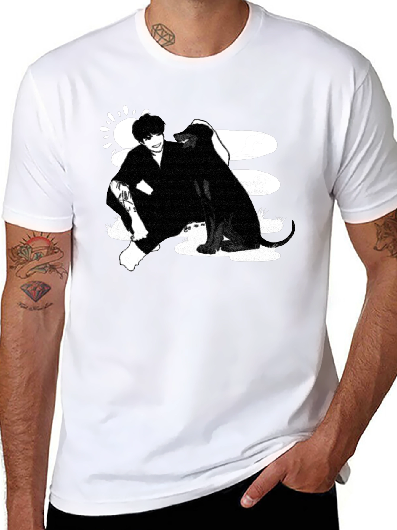 Black Graphic Tee: Man and Dog