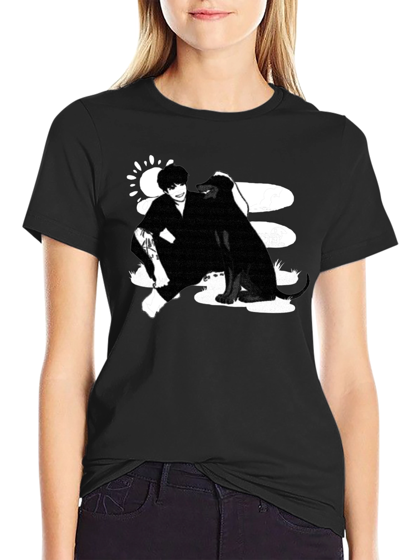 Black Graphic Tee: Man and Dog