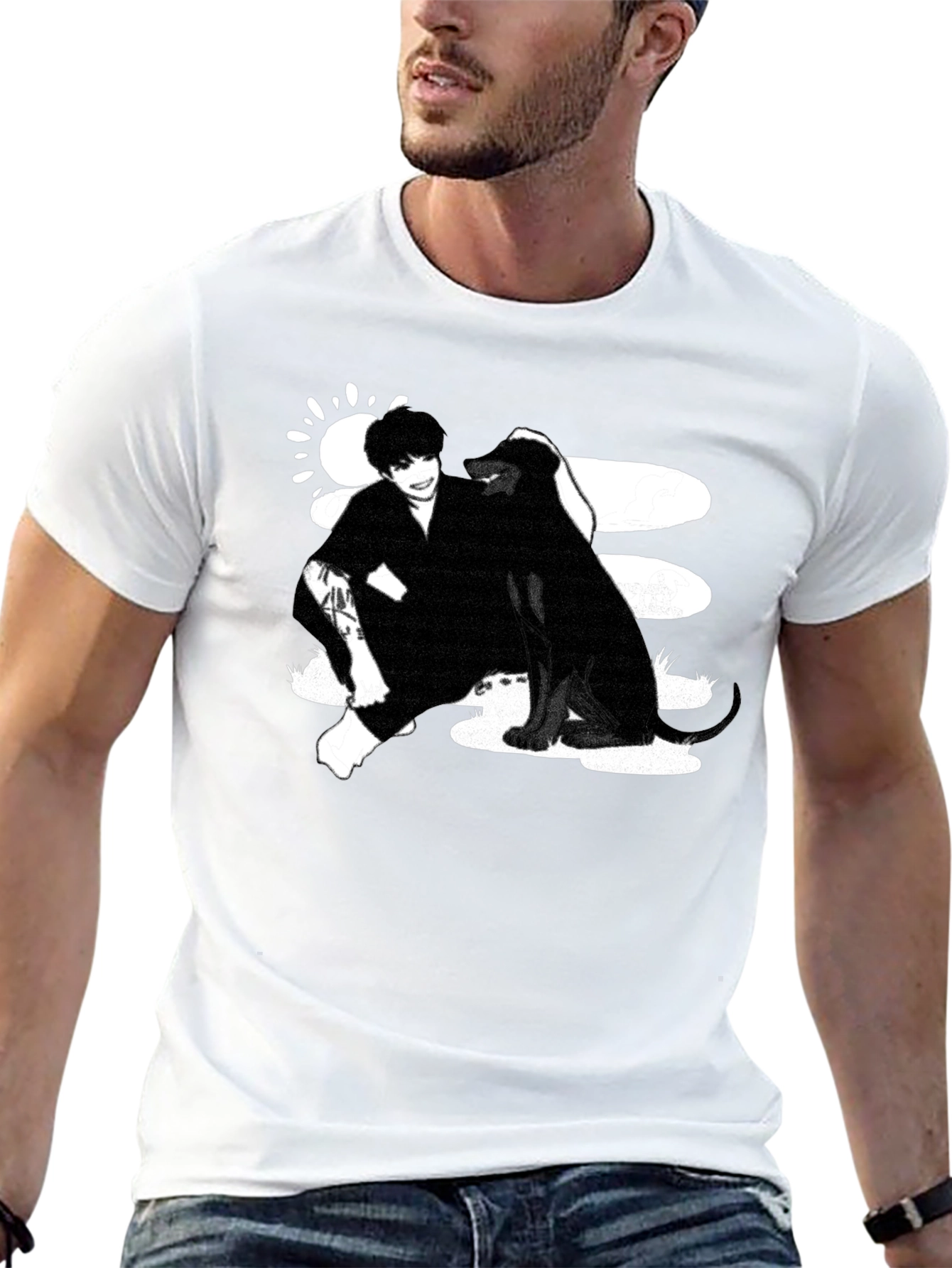 Black Graphic Tee: Man and Dog