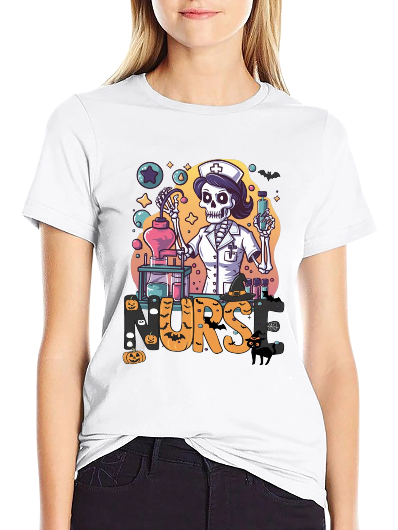 Halloween Nurse Skeleton Black T-Shirt