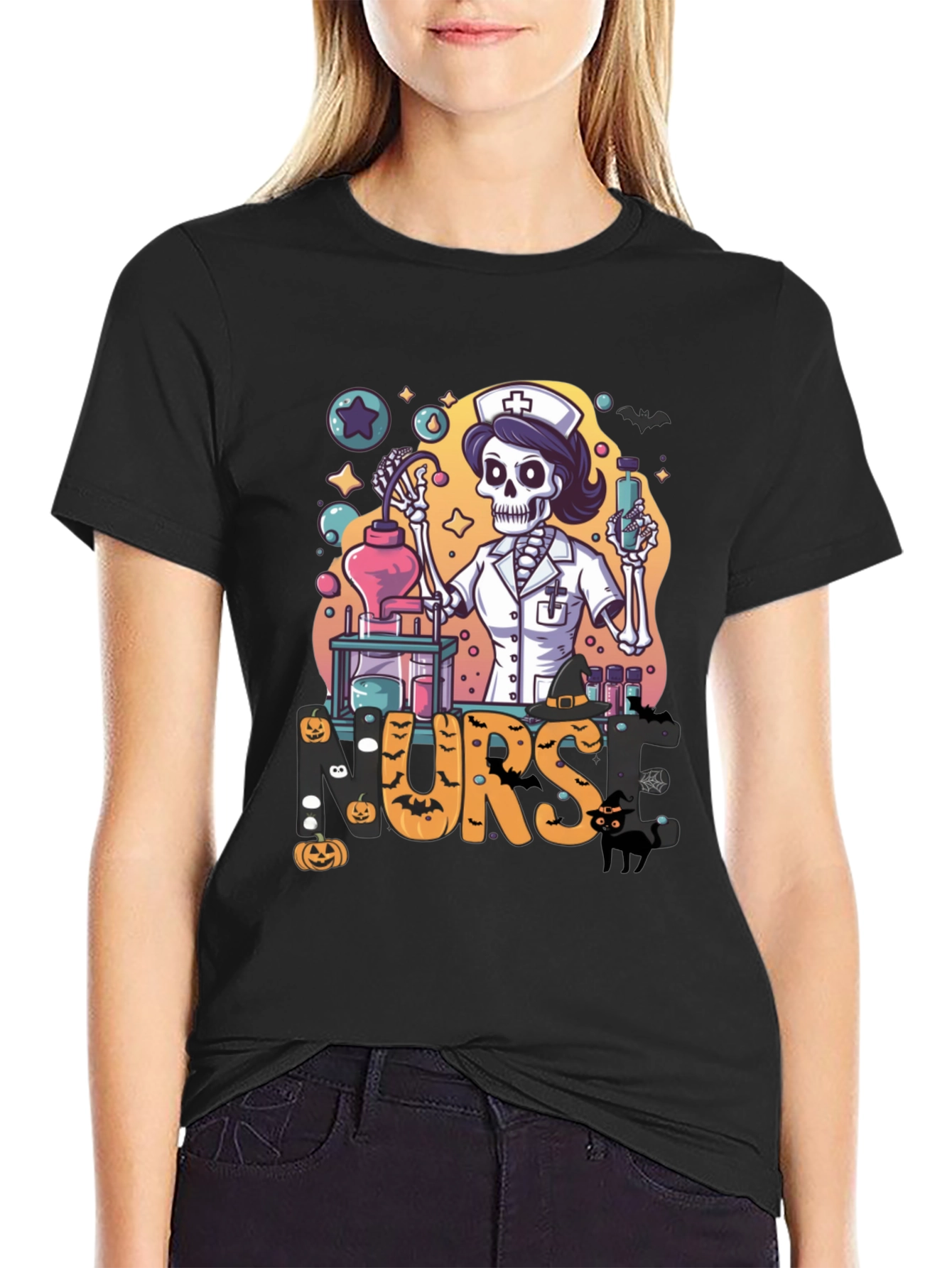 Halloween Nurse Skeleton Black T-Shirt