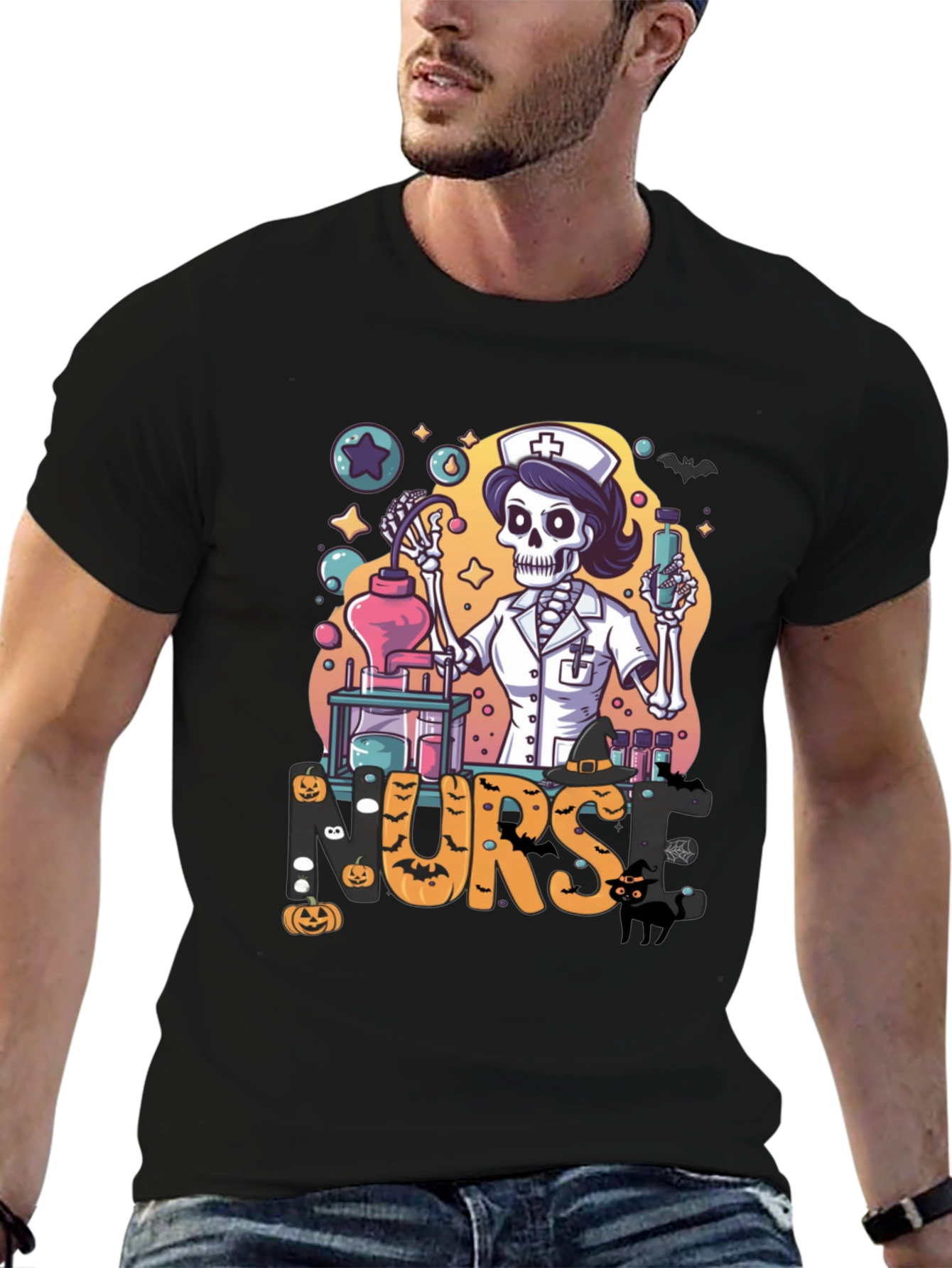 Halloween Nurse Skeleton Black T-Shirt