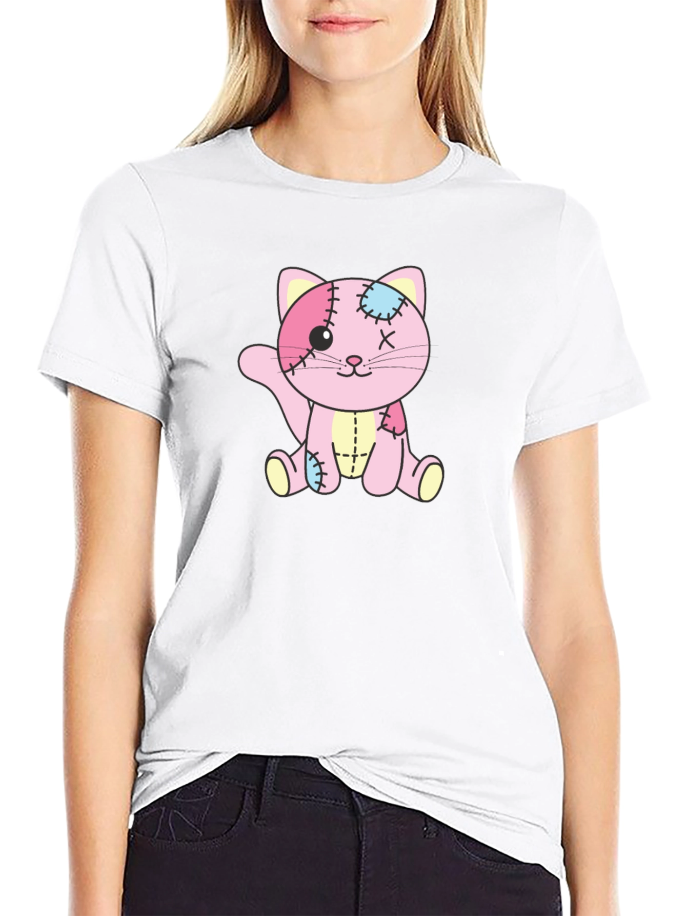 Patchwork Kitten Graphic T-Shirt - Black