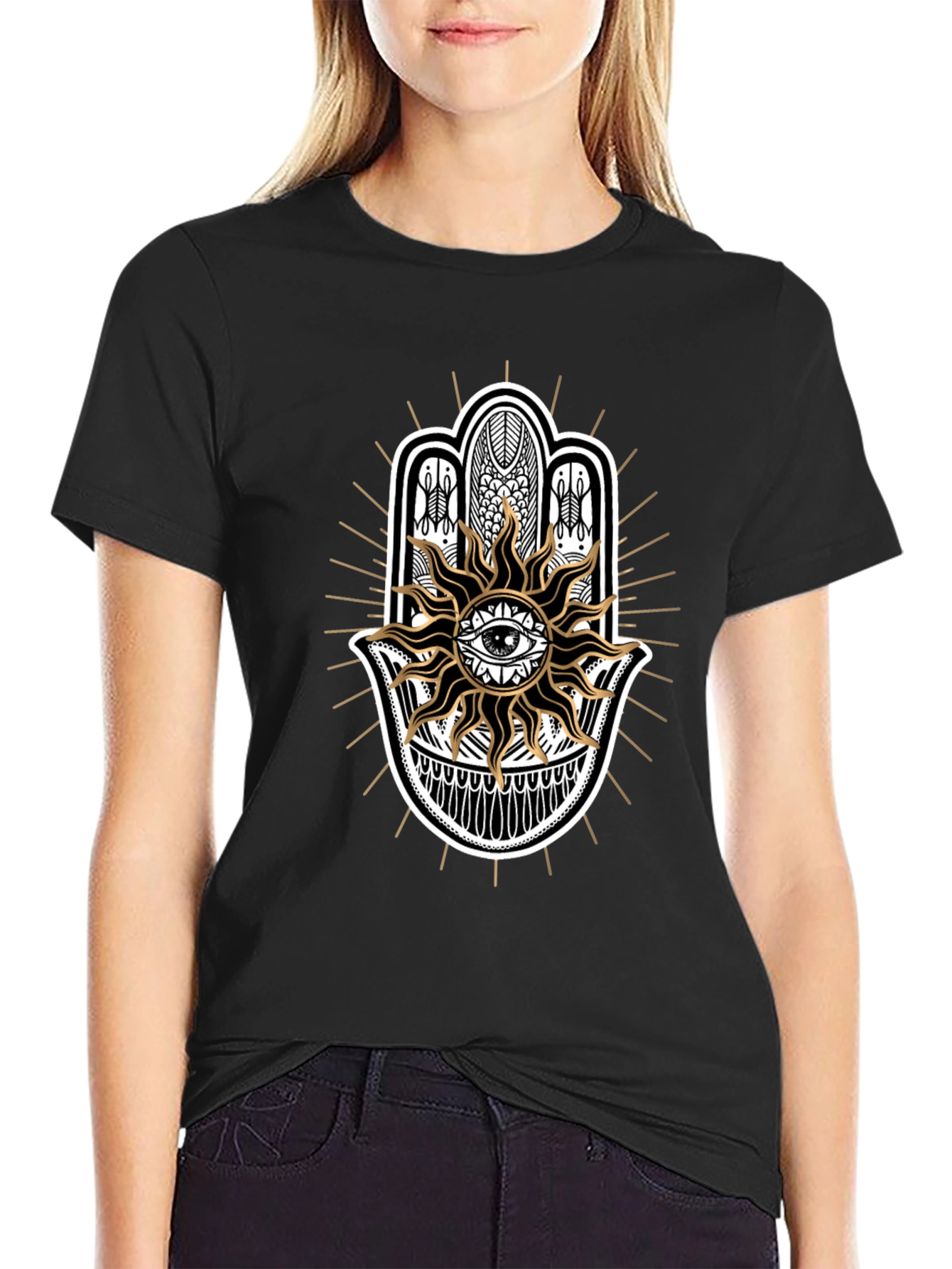 Hamsa Hand Sun Graphic Black Tee