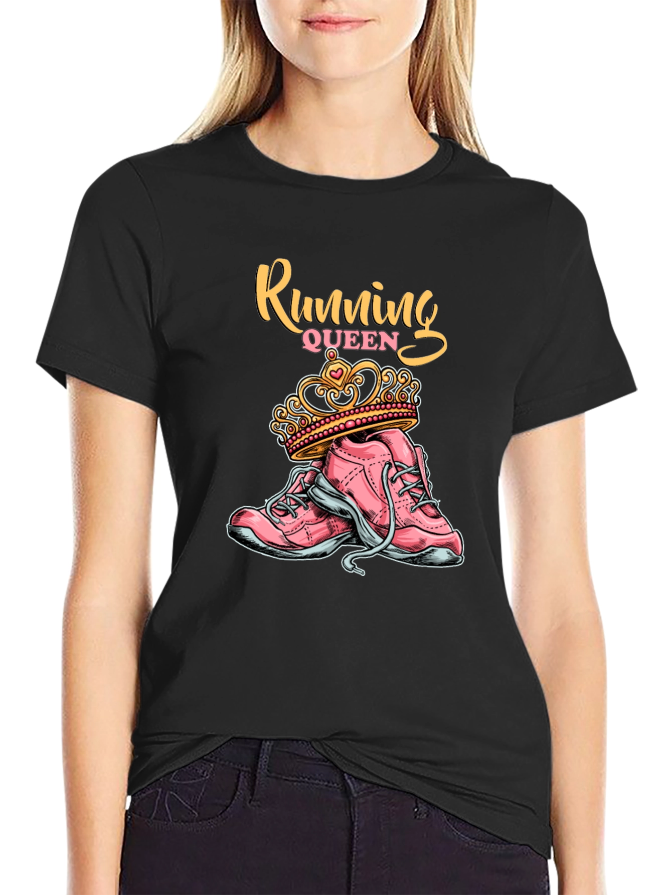 Running Queen T-Shirt - Pink Sneakers and Crown Design
