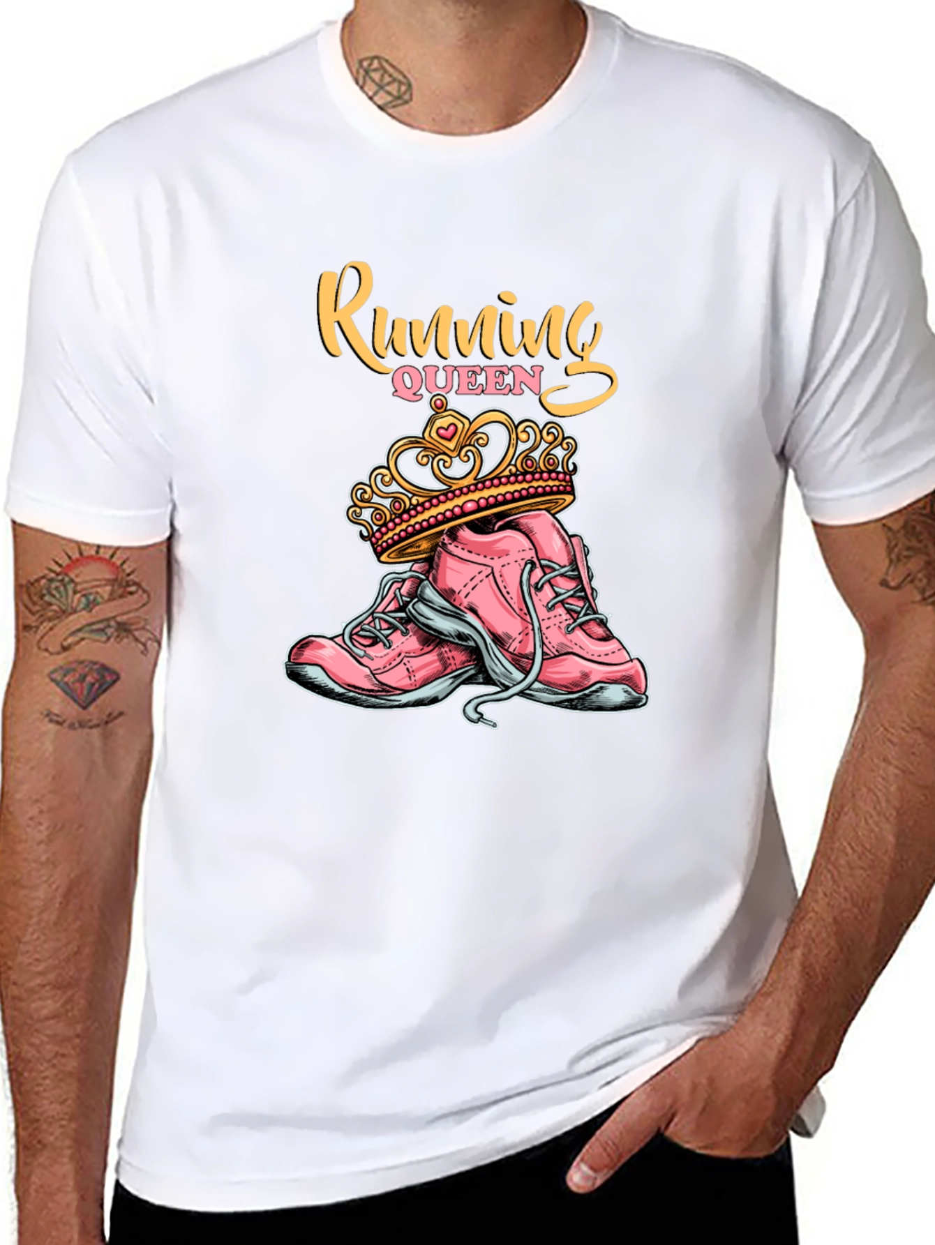 Running Queen T-Shirt - Pink Sneakers and Crown Design