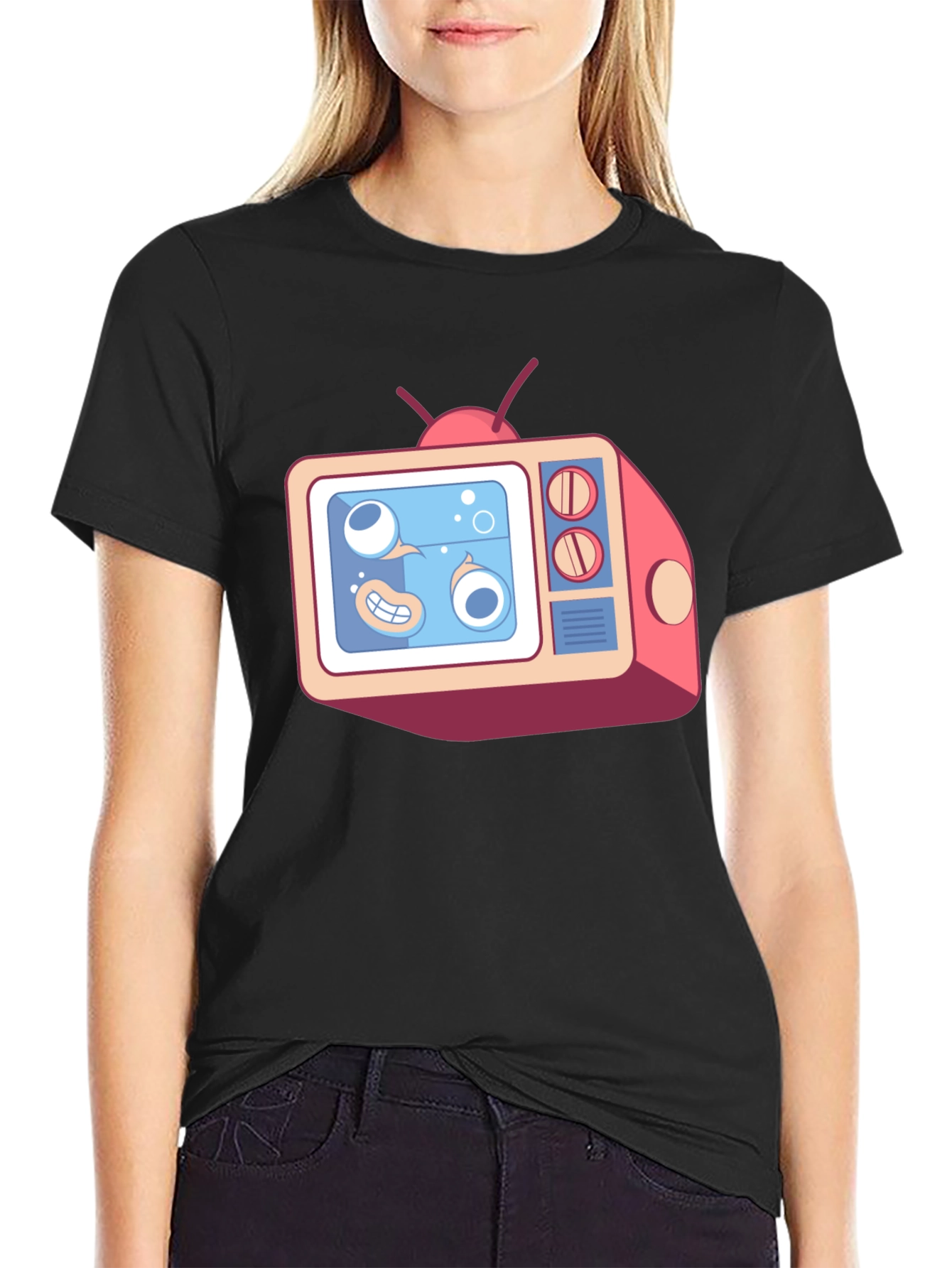 Cartoon TV Graphic Tee - Black Unisex T-Shirt