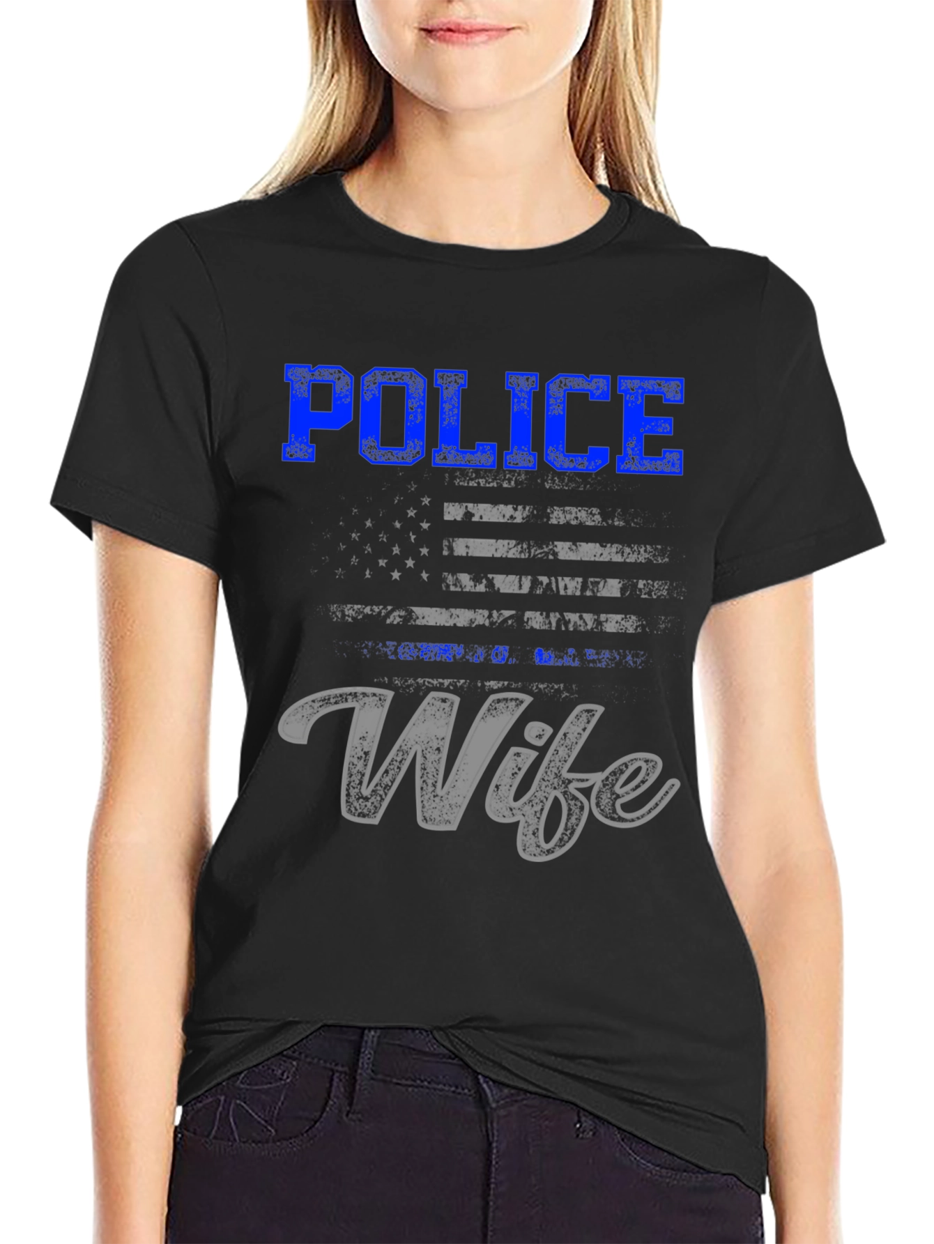 Police Wife T-Shirt - Thin Blue Line Flag