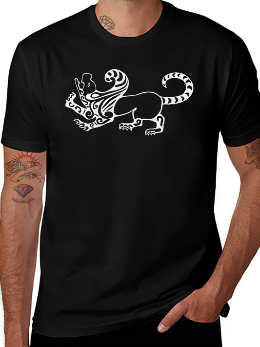 Black T-Shirt with White Mythical Lion Design
