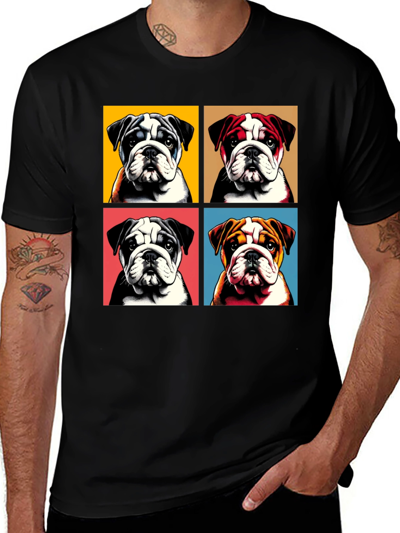 Bulldog Pop Art Graphic Tee - Black Cotton Blend