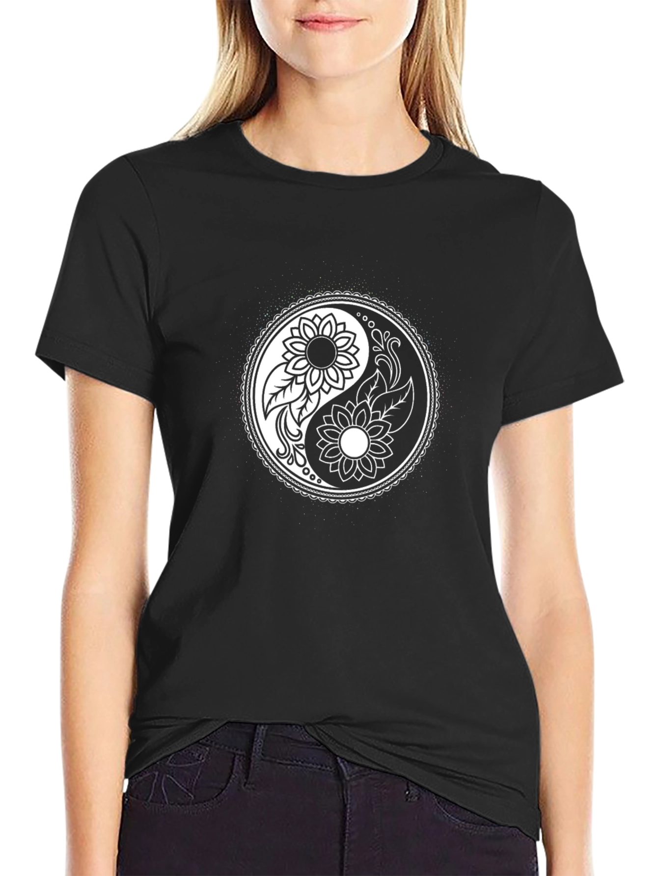 Yin Yang Sunflower Graphic T-Shirt - Black