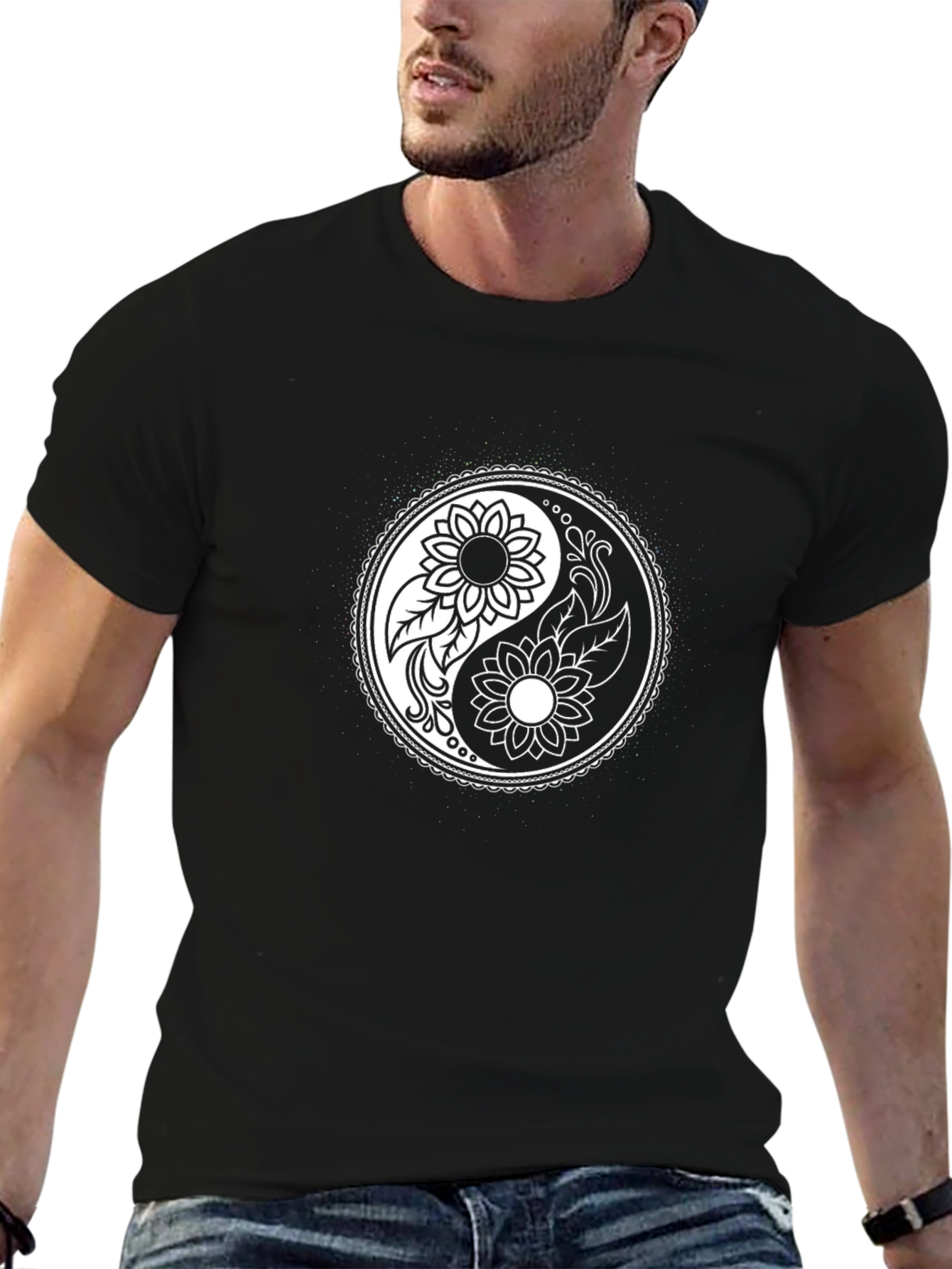 Yin Yang Sunflower Graphic T-Shirt - Black