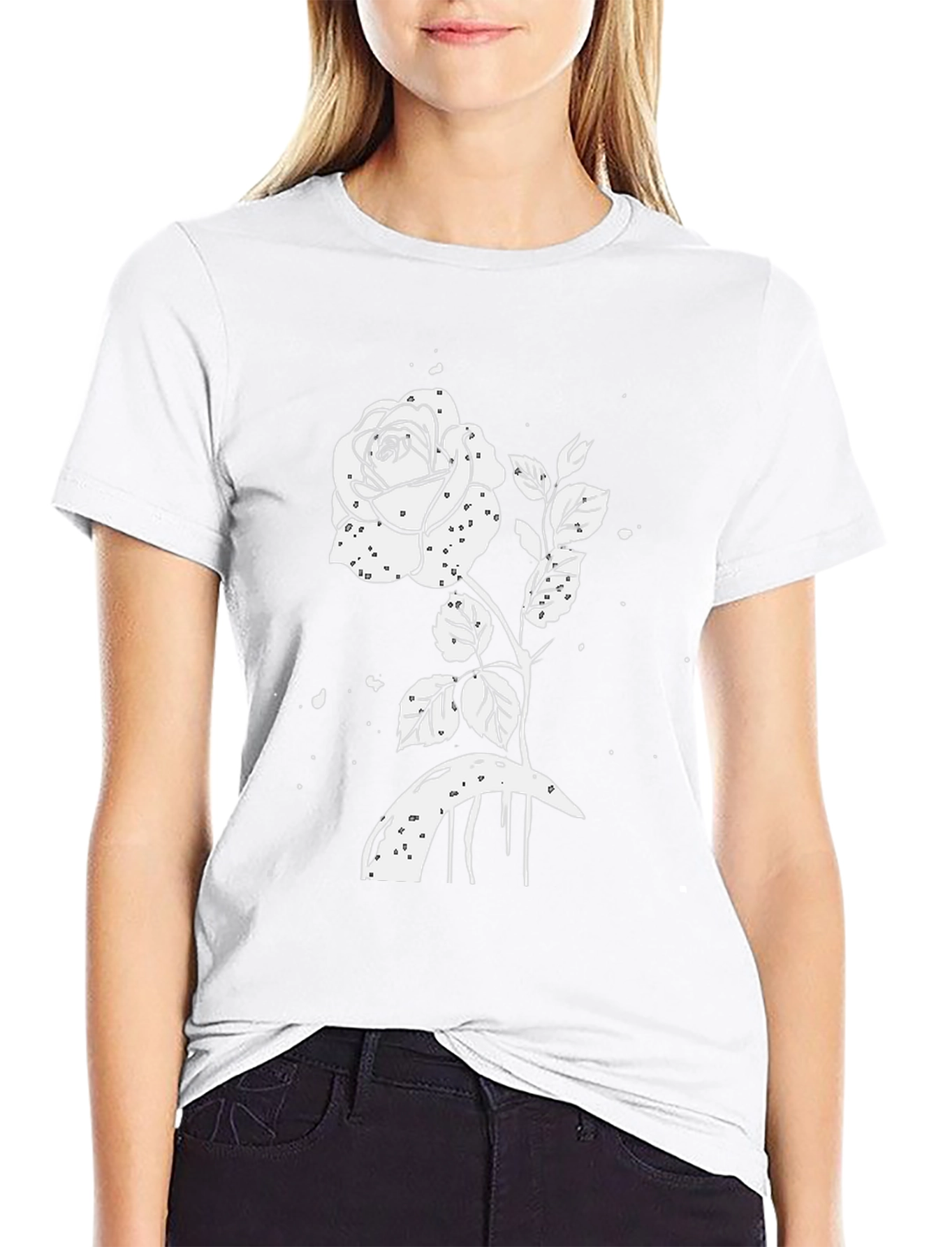 Black T-Shirt with White Rose Graphic