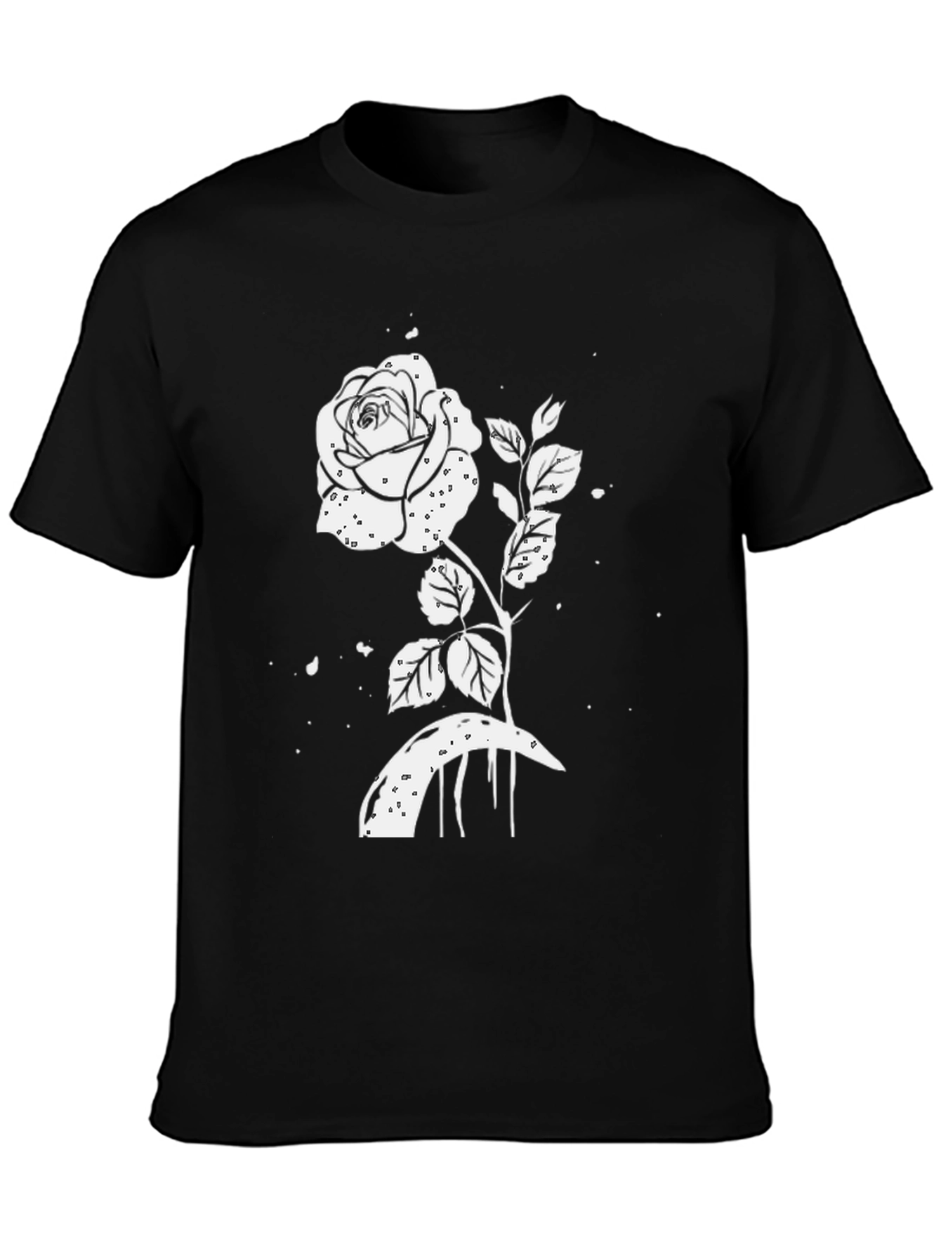 Black T-Shirt with White Rose Graphic