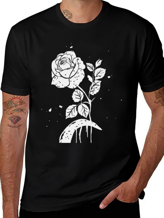 Black T-Shirt with White Rose Graphic
