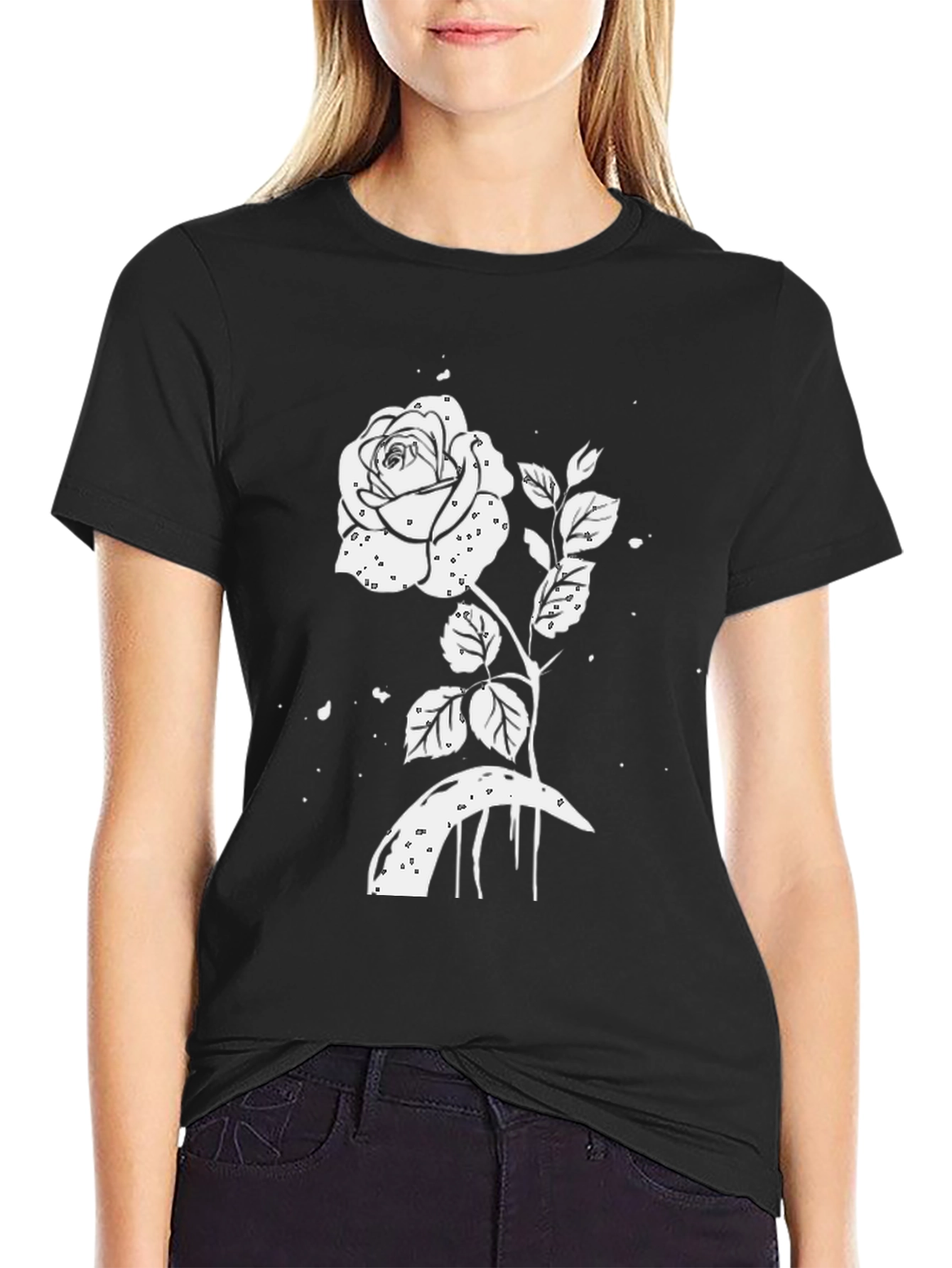 Black T-Shirt with White Rose Graphic