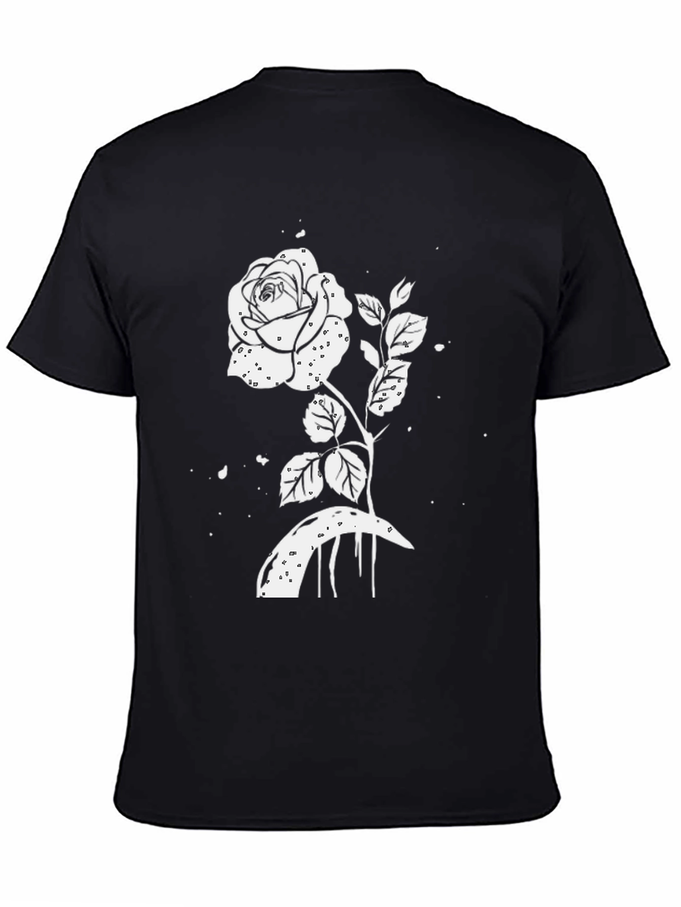 Black T-Shirt with White Rose Graphic
