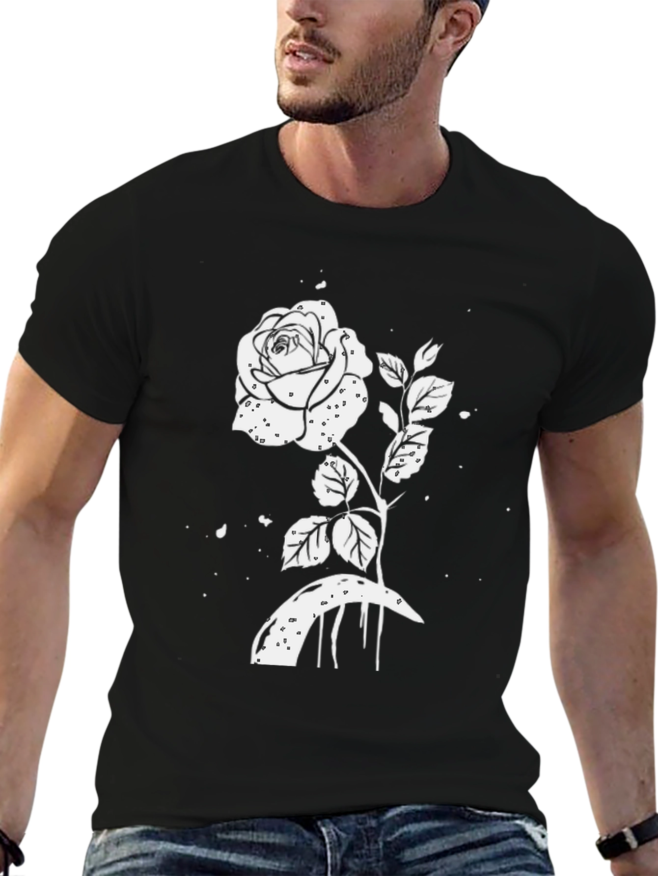 Black T-Shirt with White Rose Graphic