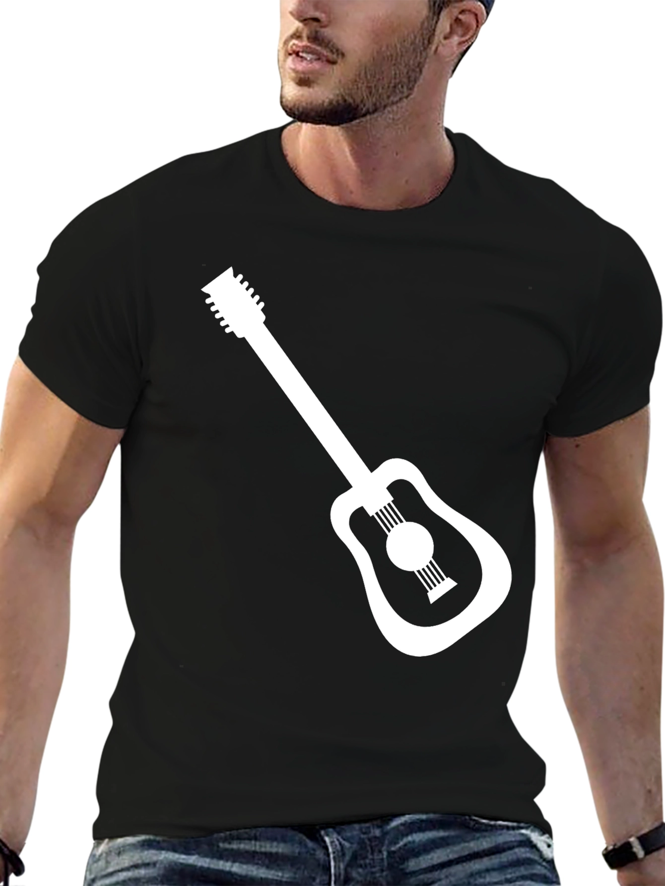 Guitar Graphic Tee - Black Cotton Casual T-Shirt
