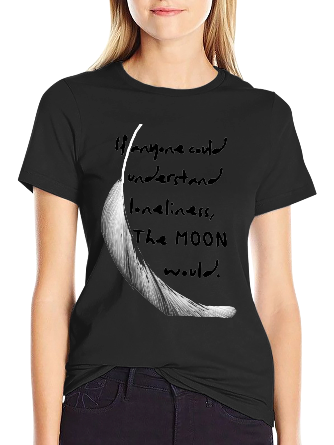 Feather & Moon Loneliness Graphic T-Shirt - Black