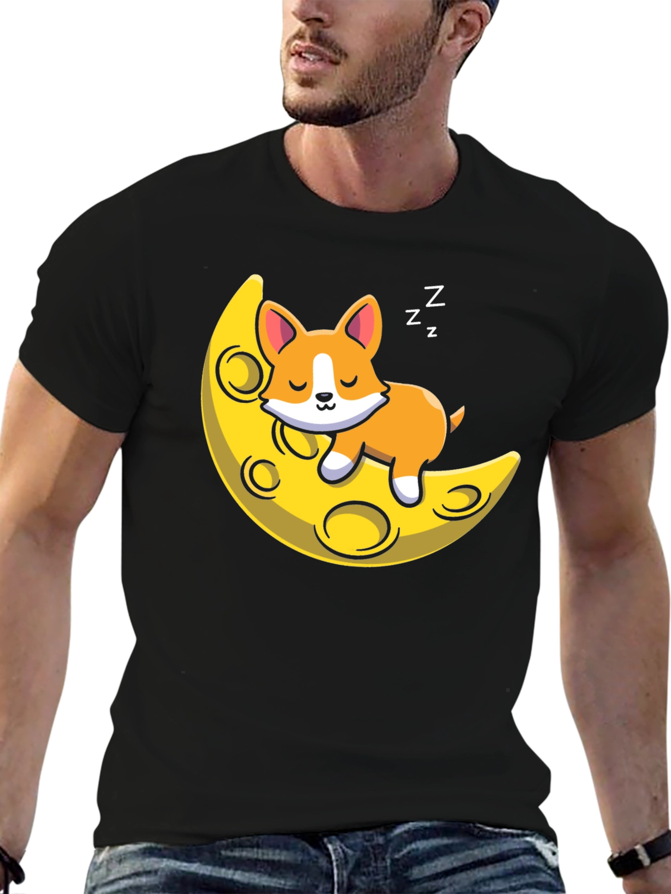 Cute Sleeping Dog on Moon Black T-shirt