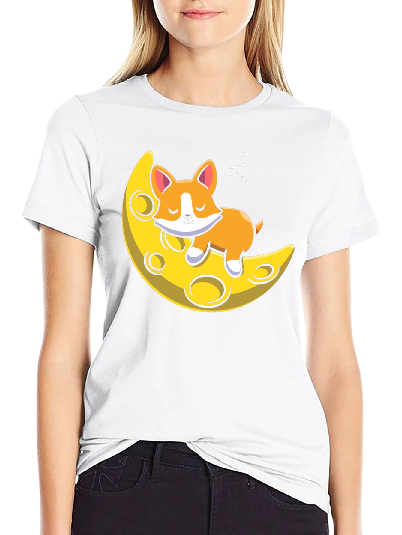 Cute Sleeping Dog on Moon Black T-shirt