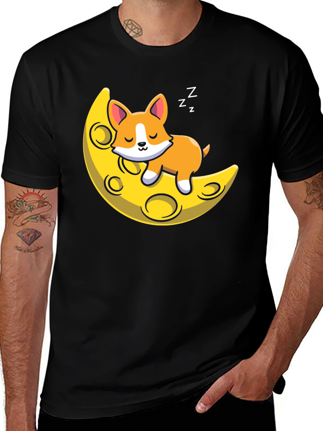 Cute Sleeping Dog on Moon Black T-shirt