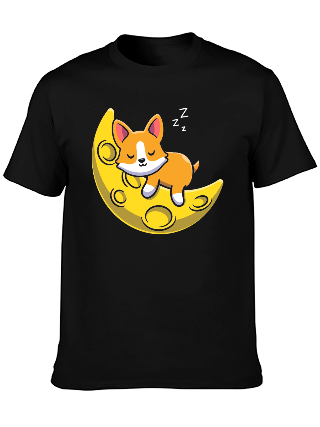 Cute Sleeping Dog on Moon Black T-shirt