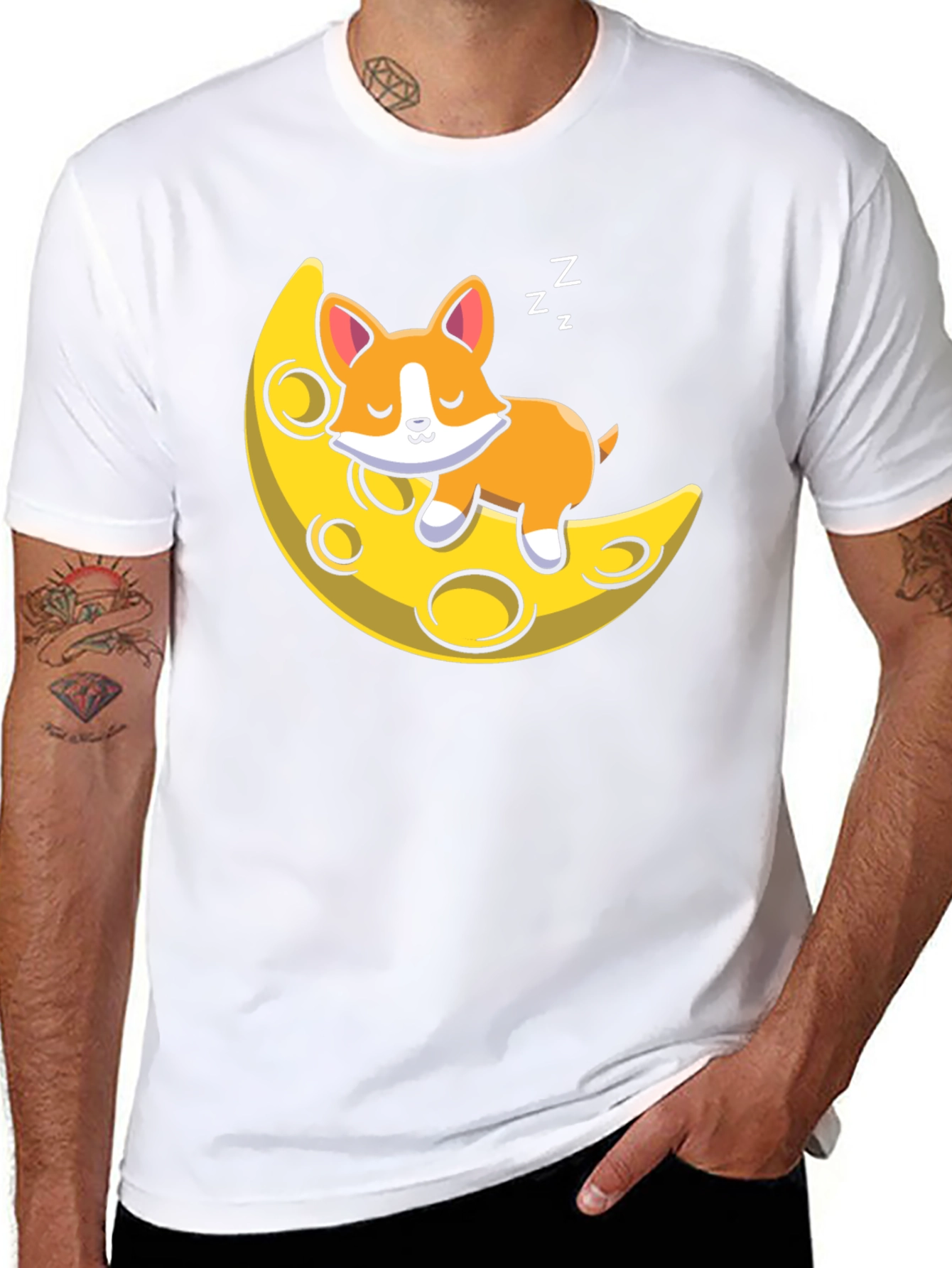 Cute Sleeping Dog on Moon Black T-shirt