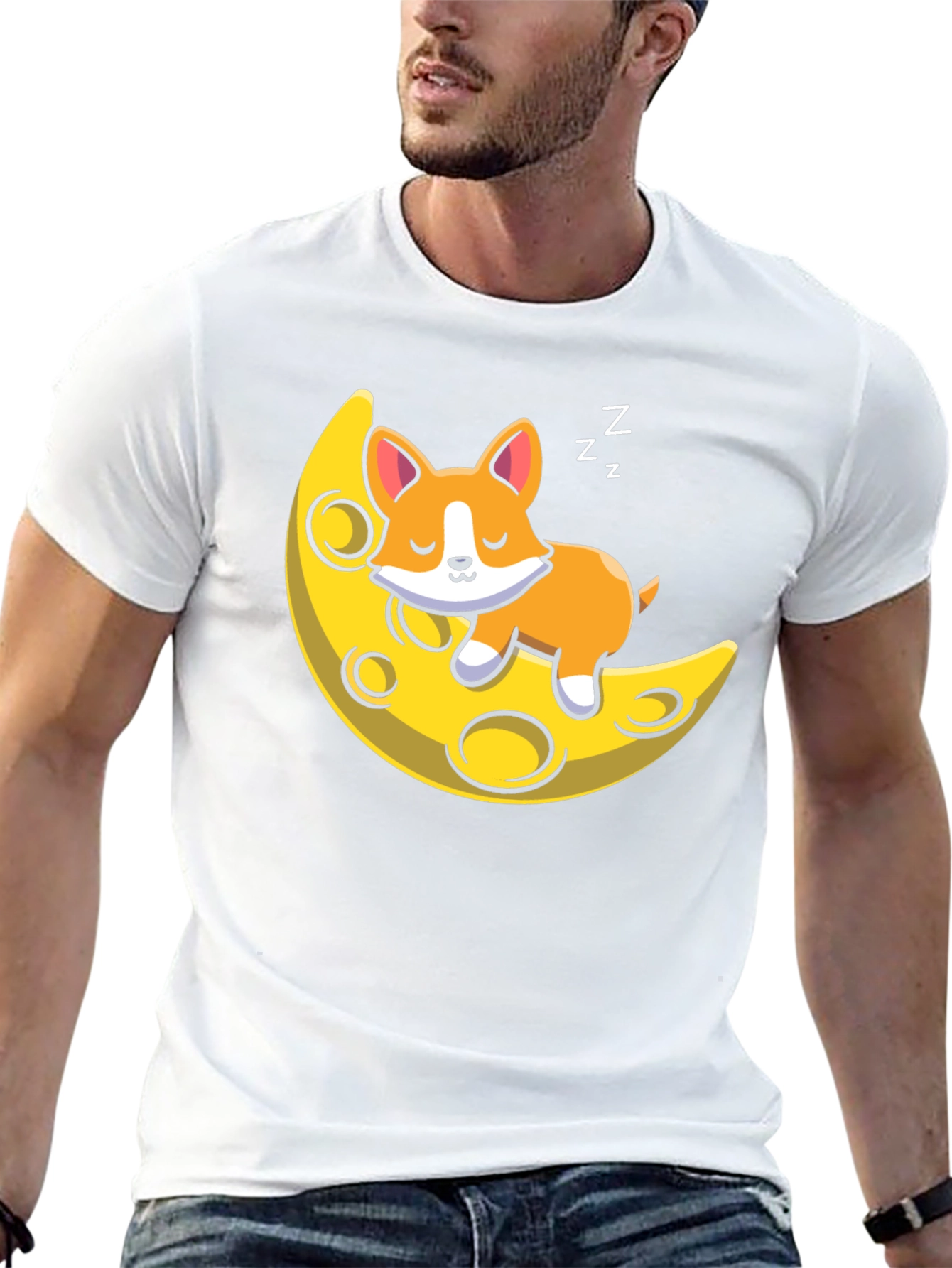 Cute Sleeping Dog on Moon Black T-shirt