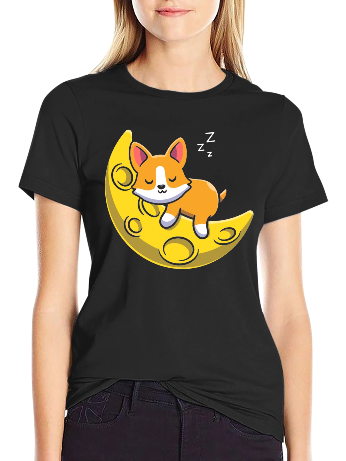 Cute Sleeping Dog on Moon Black T-shirt