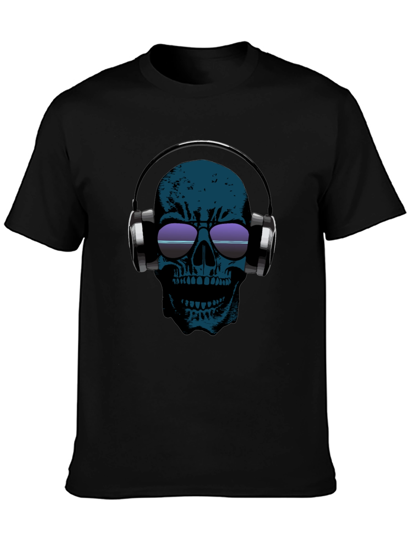 Skull Headphones Graphic Tee - Black Cotton Casual T-Shirt