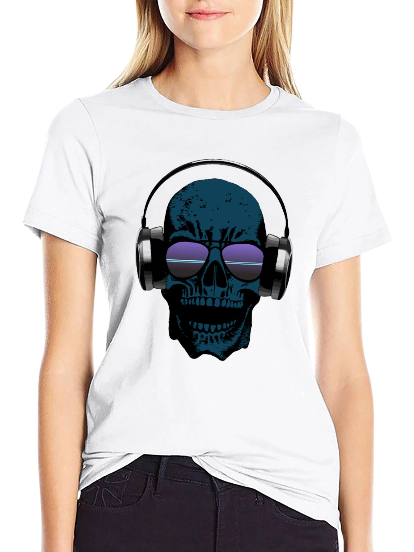 Skull Headphones Graphic Tee - Black Cotton Casual T-Shirt