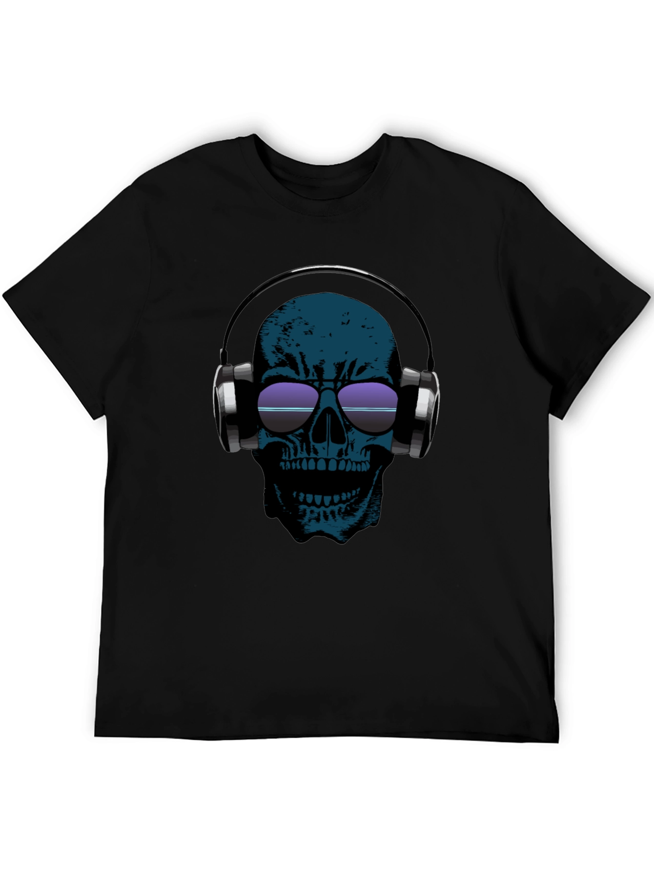 Skull Headphones Graphic Tee - Black Cotton Casual T-Shirt