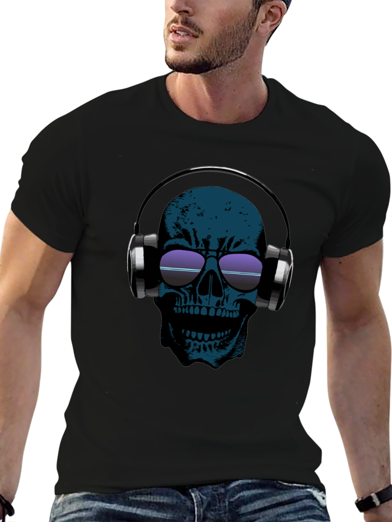 Skull Headphones Graphic Tee - Black Cotton Casual T-Shirt