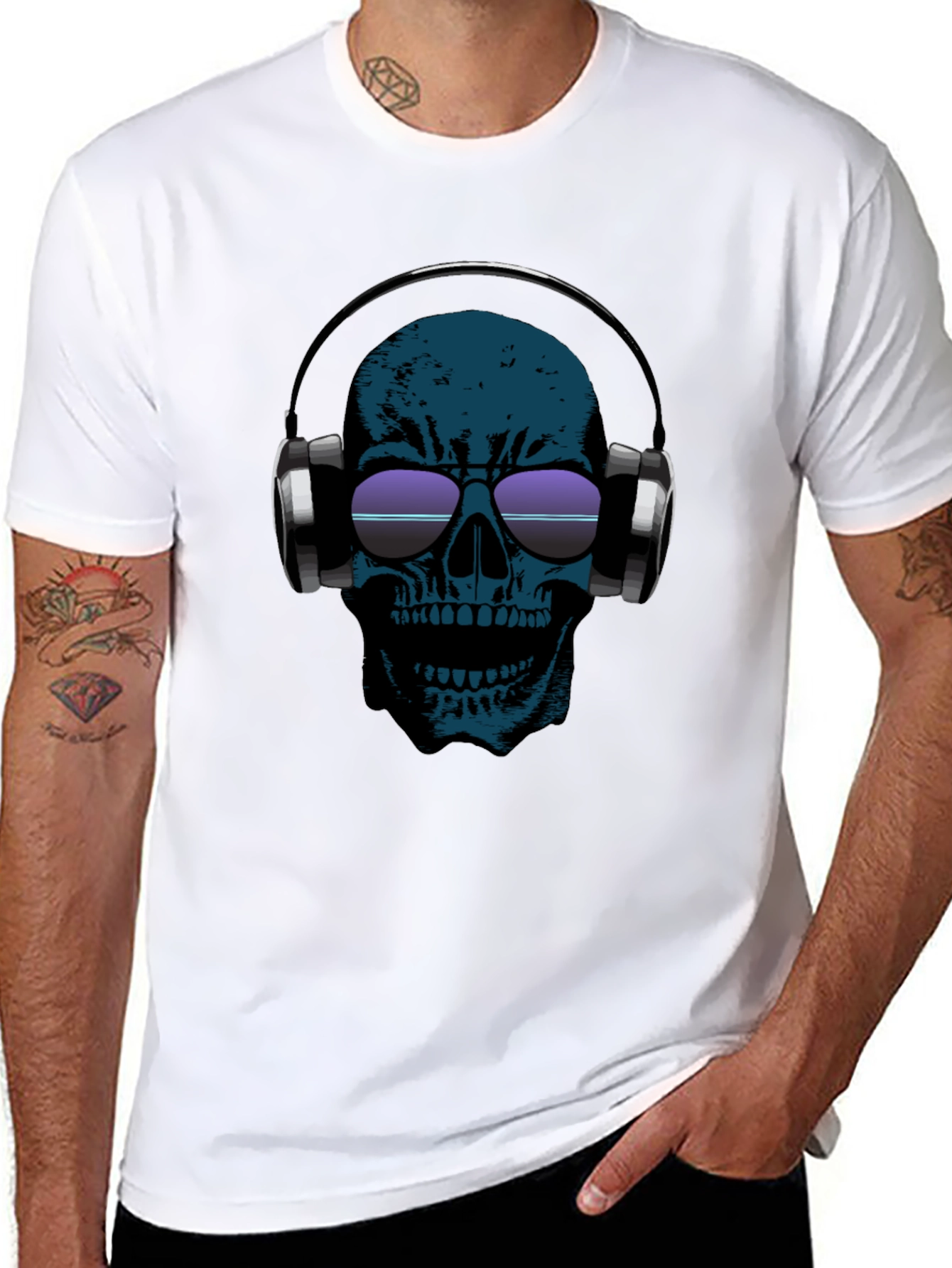 Skull Headphones Graphic Tee - Black Cotton Casual T-Shirt