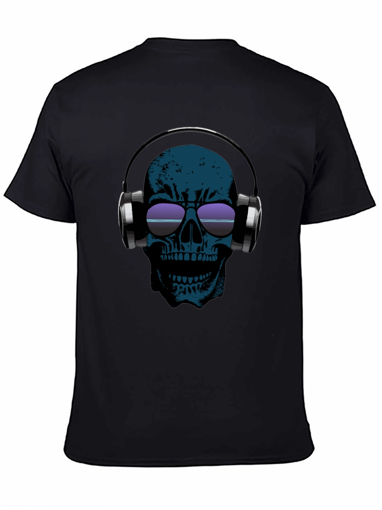 Skull Headphones Graphic Tee - Black Cotton Casual T-Shirt