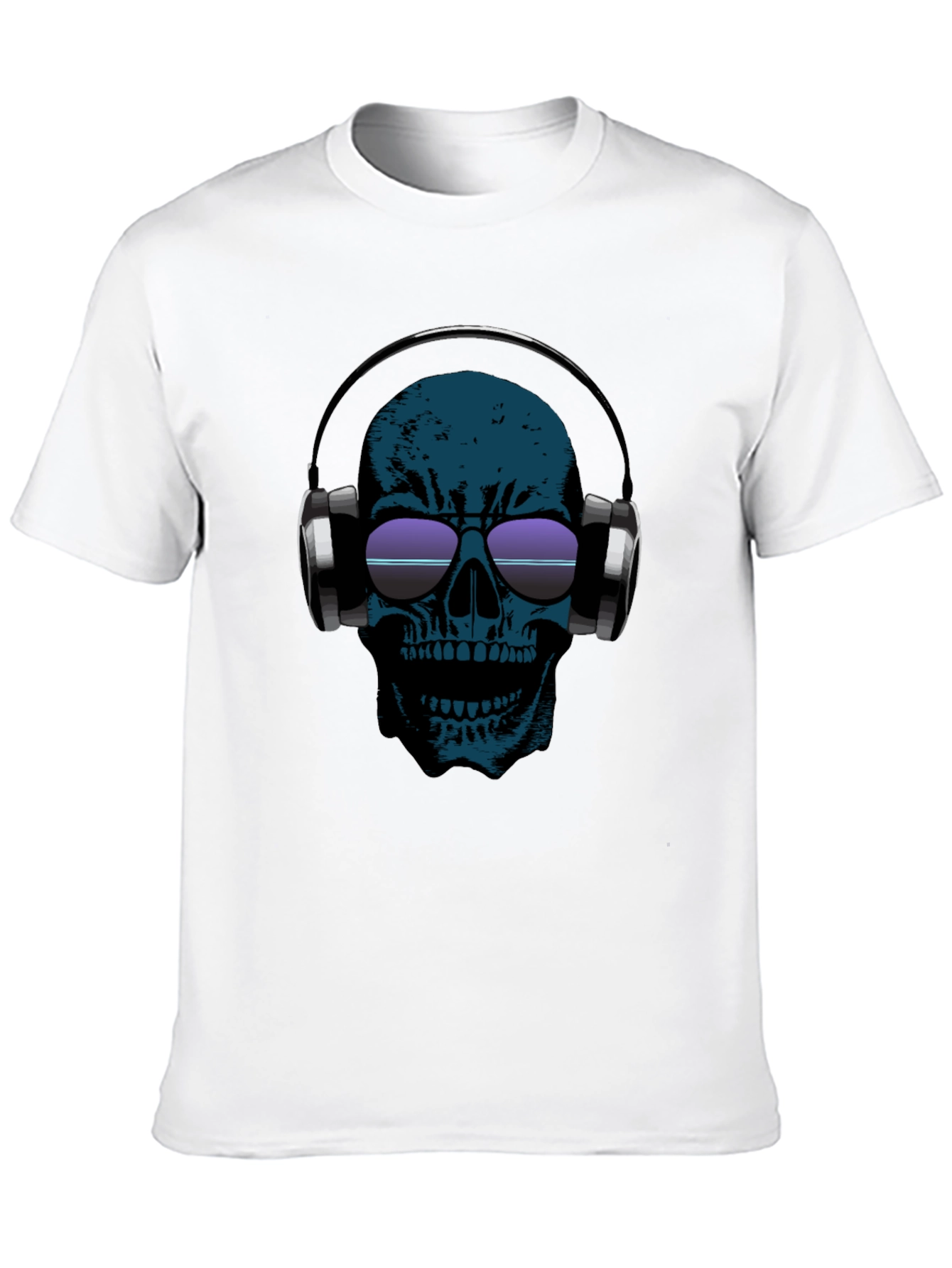 Skull Headphones Graphic Tee - Black Cotton Casual T-Shirt